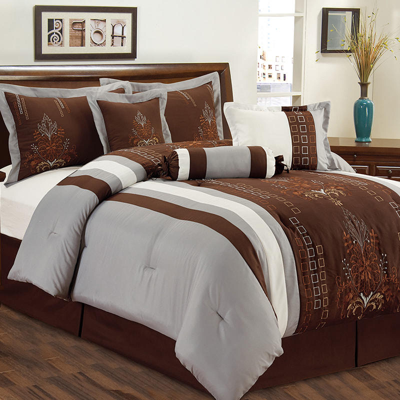 Juego de cama bordado de tela cepillada gris marrón Victoria