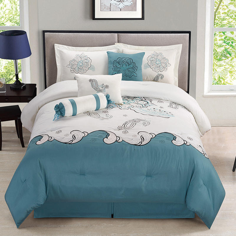 Juego de cama bordado de tela cepillada azul y blanco Gemma
