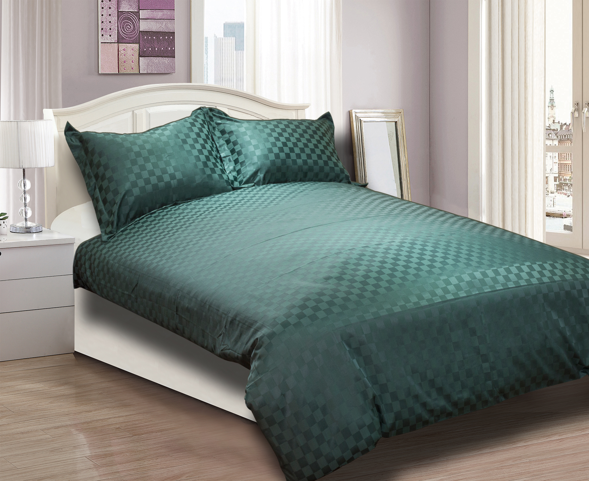 Juego de cama de jacquard a cuadros verde bosque