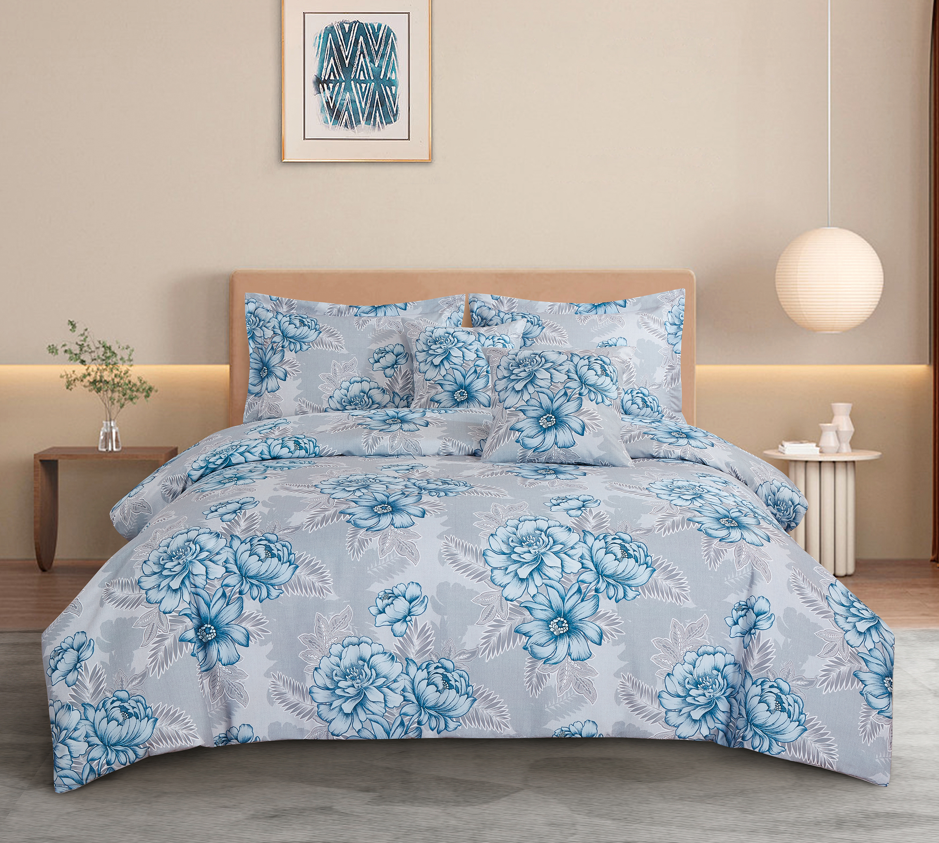 Juego de cama con estampado de peonías azules grandes