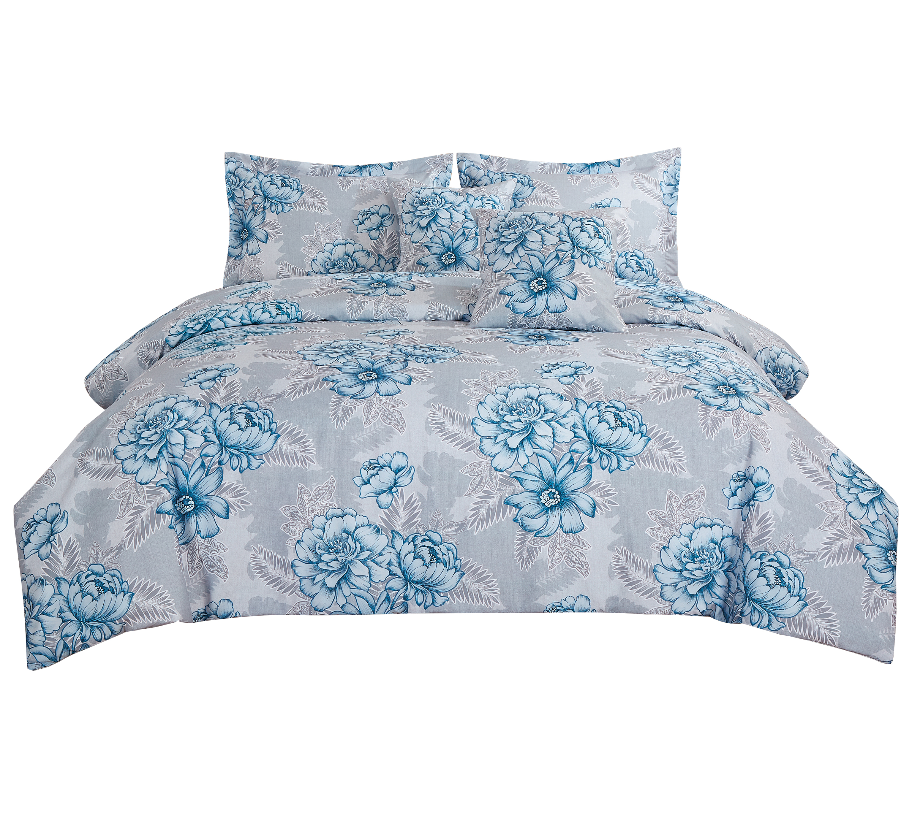 Juego de cama con estampado de peonías azules grandes